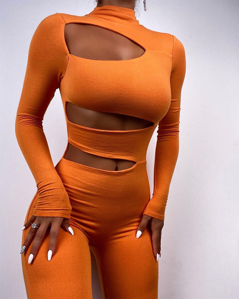 

Long Sleeve Cutout Front Skinny Jumpsuit, Orange