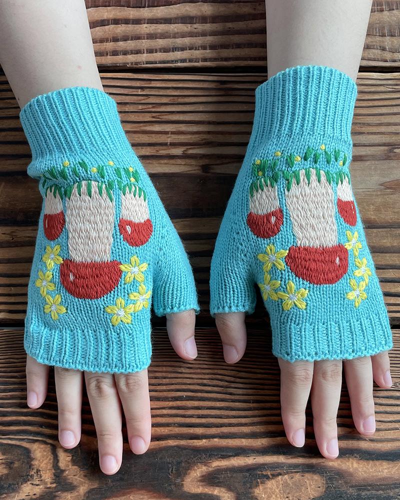 

1Pair Mushroom Floral Embroidery Fingerless Knit Gloves, Lighted blue