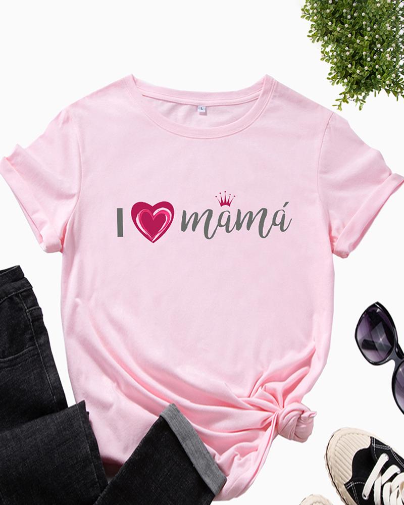 

Mother's Day Round Neck Letter Heart Print T-Shirt, Pink