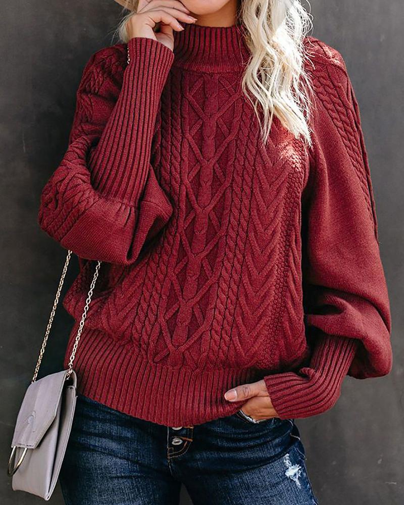 

Lantern Sleeve High Neck Cable Knit Warm Sweater, Red