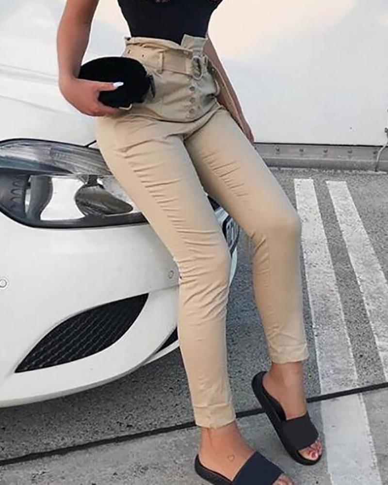 

High Waist Buckle Design Plain Pants, Khaki