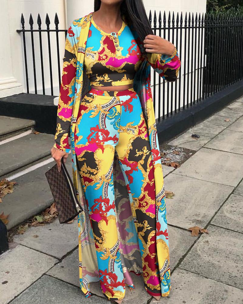 

Baroque Print Buttoned Crop Top & Pants Set With Drop Shoulder Coat, Multicolor