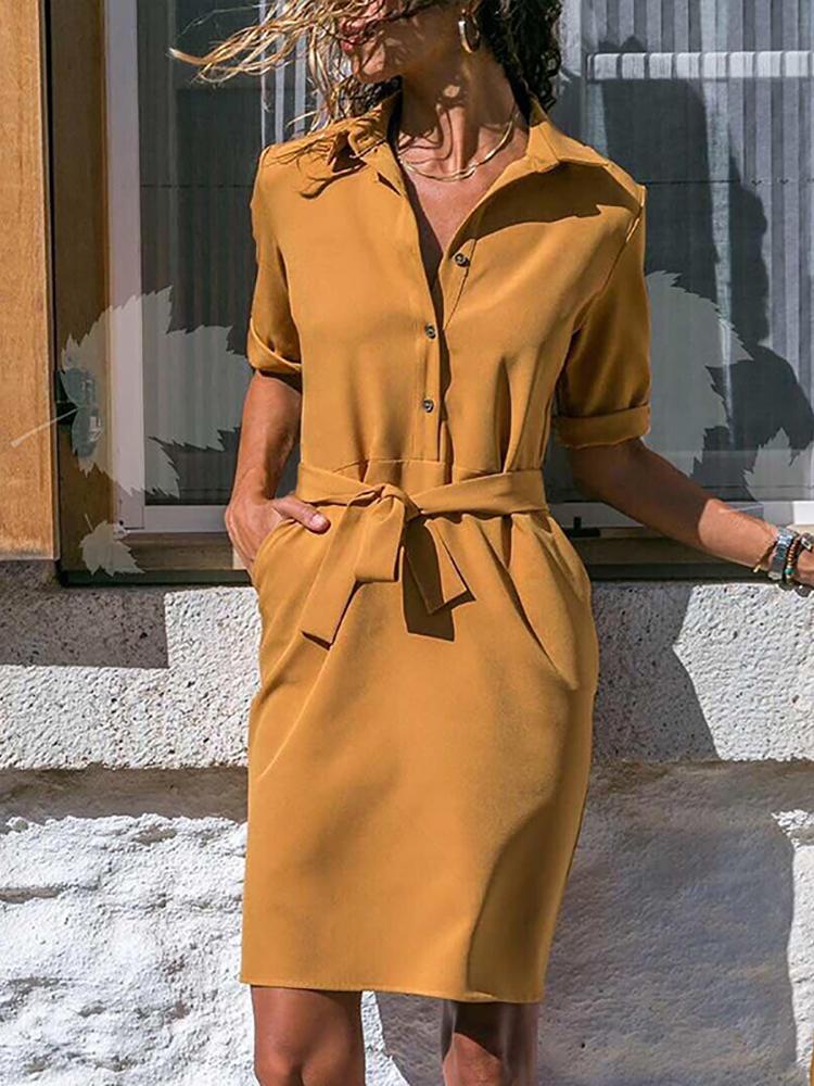 

Solid Roll-up Sleeve Tied Waist Women Shirt Dress, Yellow