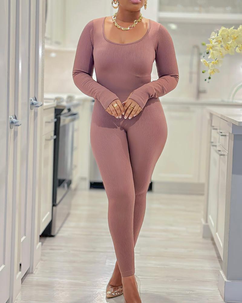 

U-Neck Long Sleeve Jumpsuit, Khaki
