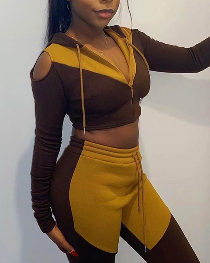 

Zipper Front Cut-Out Drawstring Hooded Crop Top & Stacked Pants Set, Brown