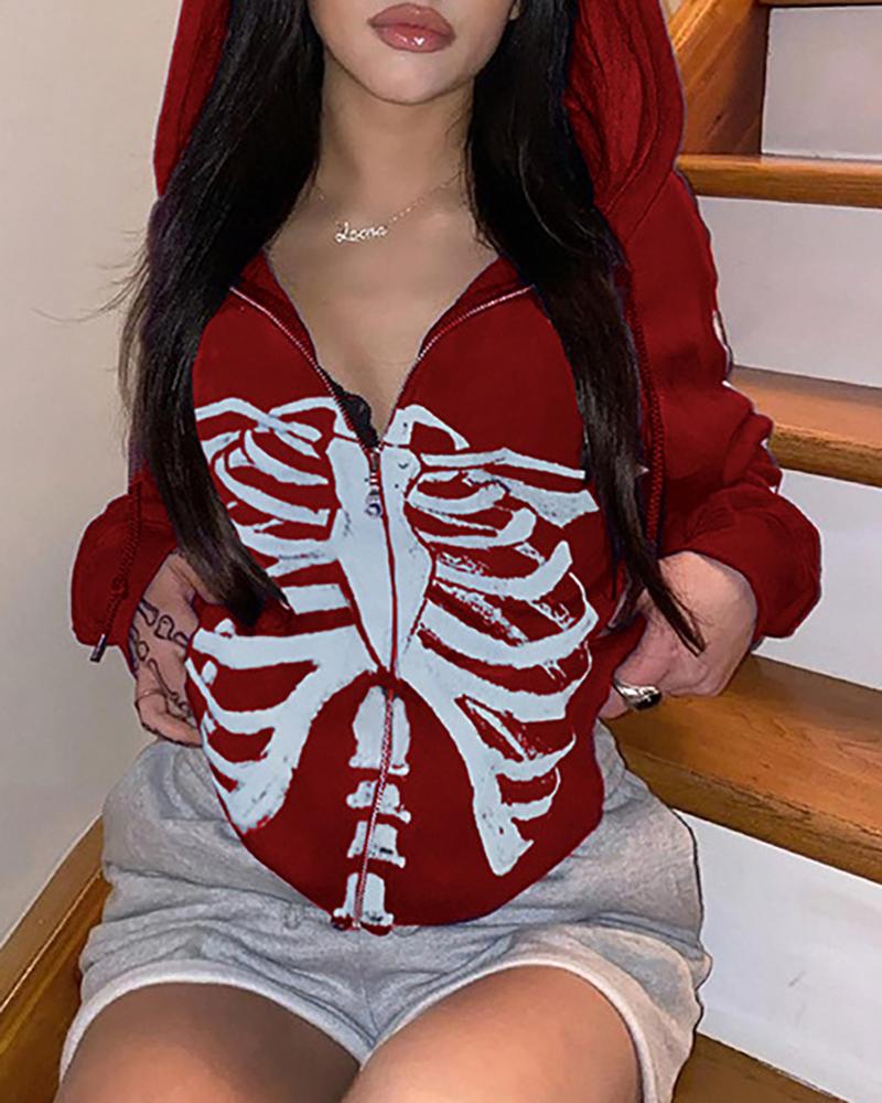 

Halloween Skeleton Print Hoooded Sweatshirt, Red