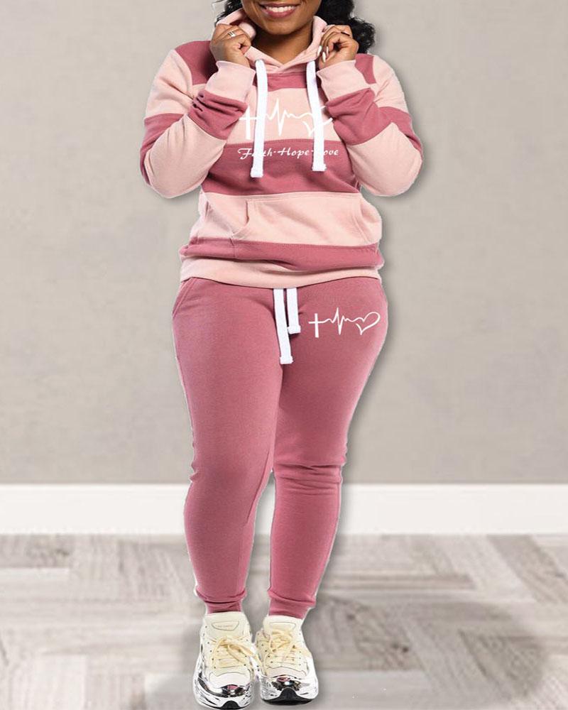 

Plus Size Colorblock Heart Print Casual Top & Pants Set, Pink