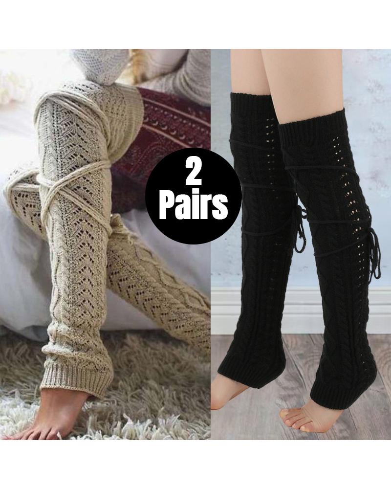 

2 paires de jambières d'hiver avec détails noués tricotés au-dessus du genou et des chaussettes longues, Style1