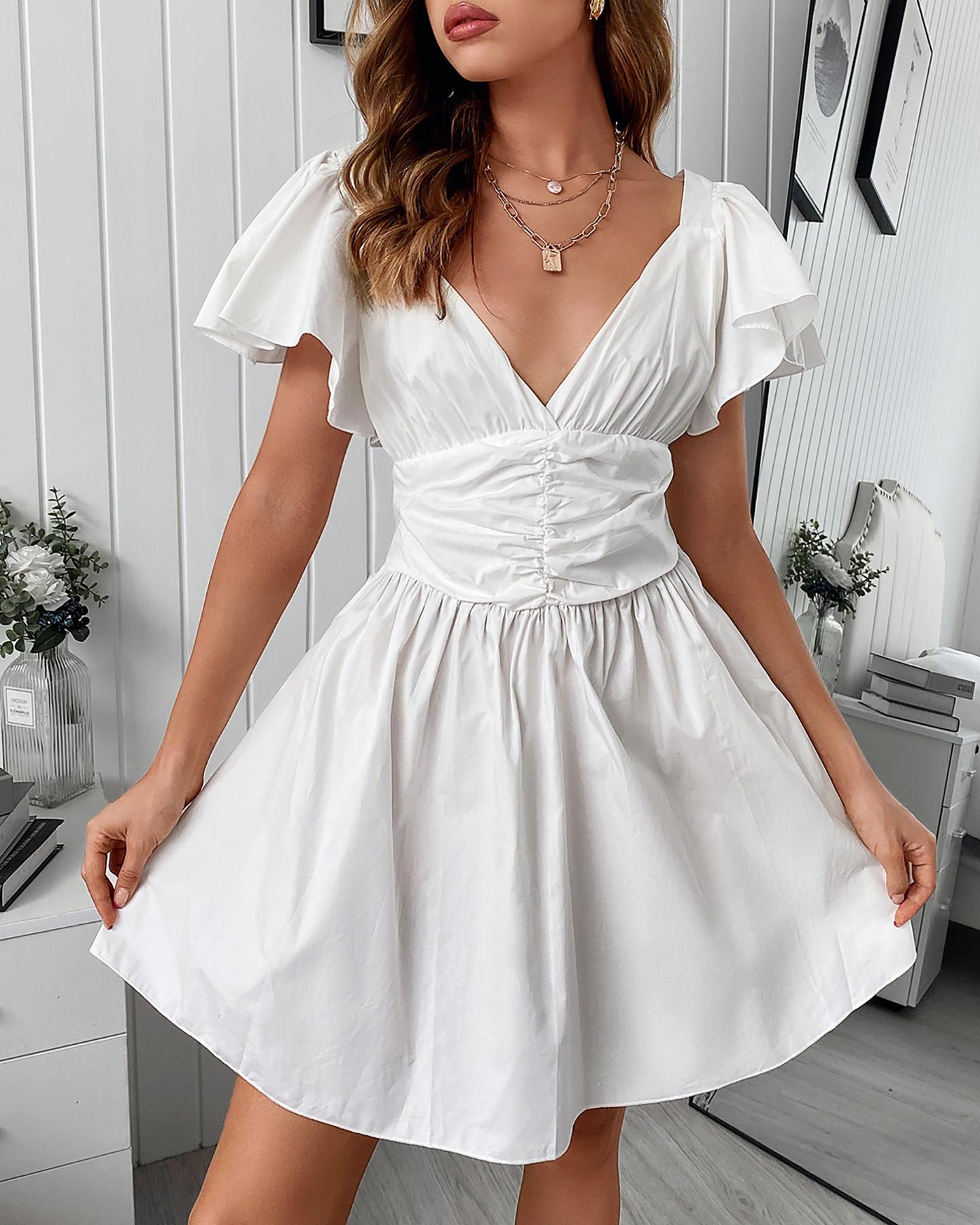 

Flutter Sleeve V Neck Ruched Casual Dress, White