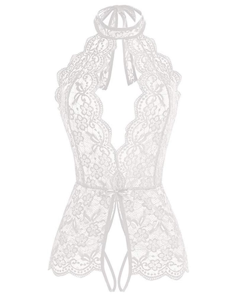 

Crochet Lace Sheer Mesh Halter Teddy, White