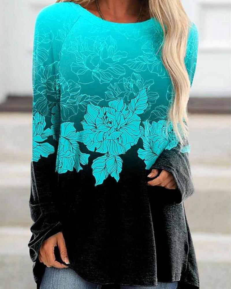

Floral Print Ombre Colorblock Long Sleeve Top, Blue