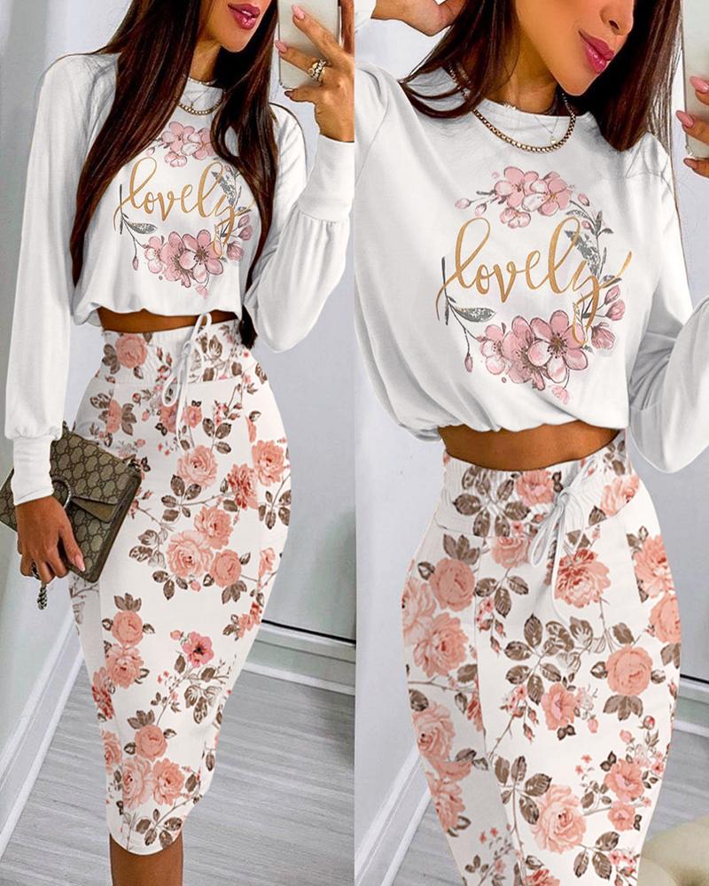 

Floral Print Long Sleeve Top & Drawstring Skirt Set, White