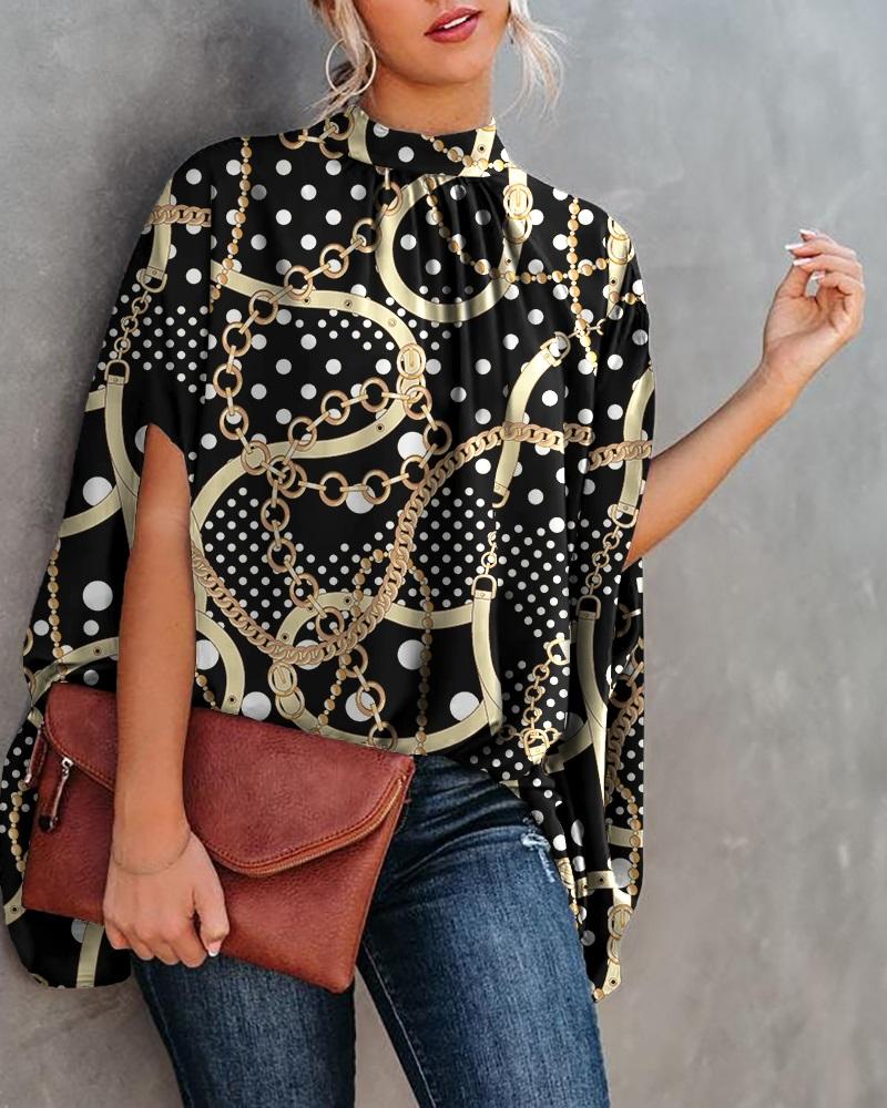 

Polka Dot Chain Print Batwing Sleeve Cape Design Top, Black
