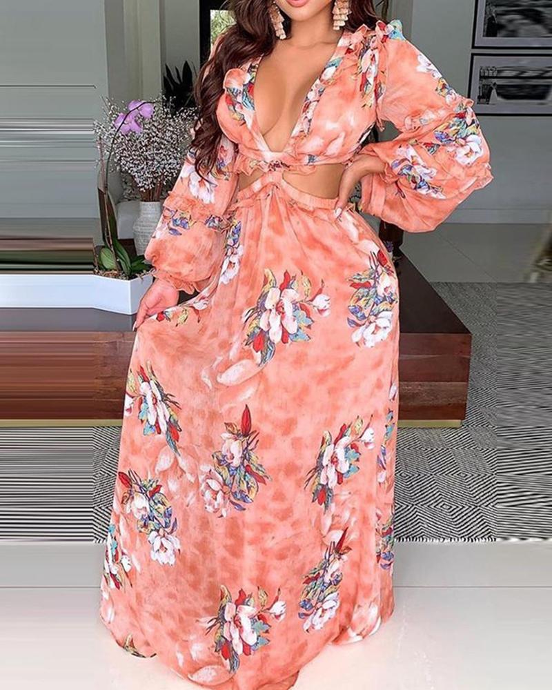 

Flower Printing Hollow Long Sleeve Dress, Pink