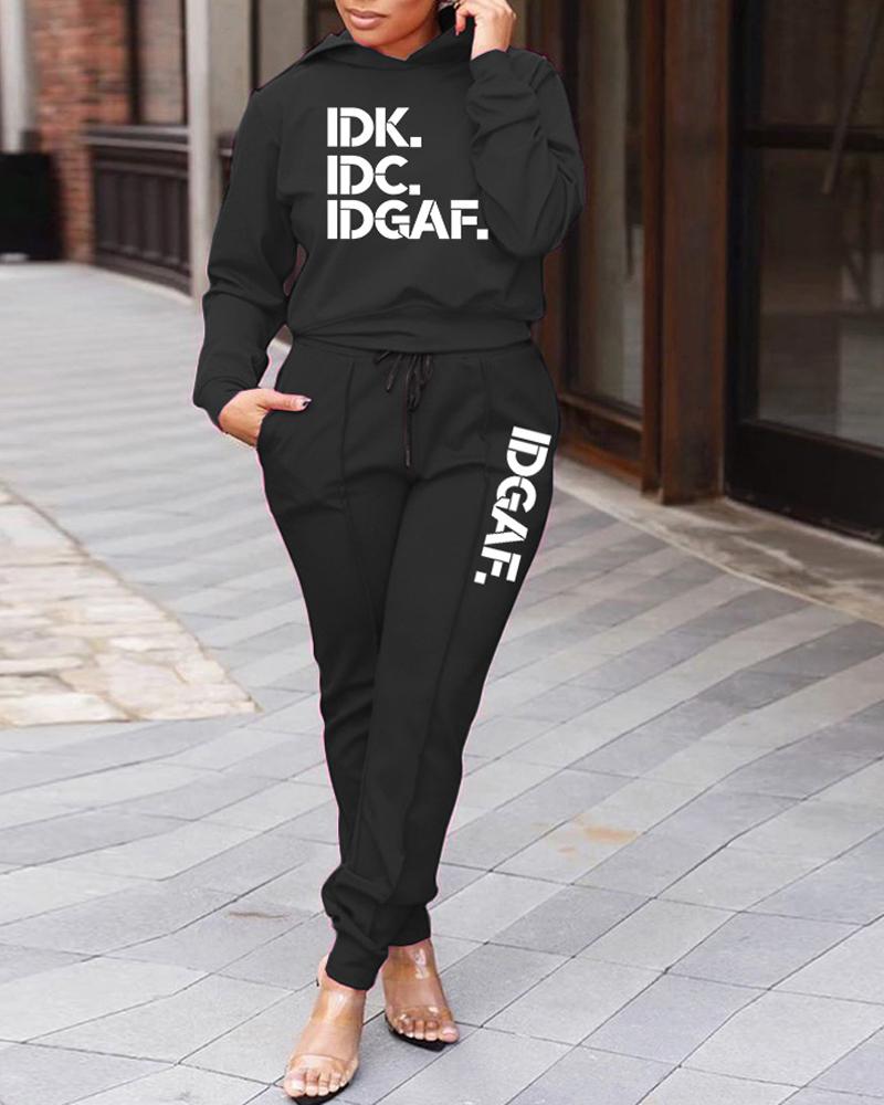 

Letter Print Long Sleeve Casual Hoodie & Pants Set, Black