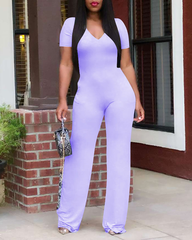

Plain V-Neck Short Sleeve Jumpsuit, Purple