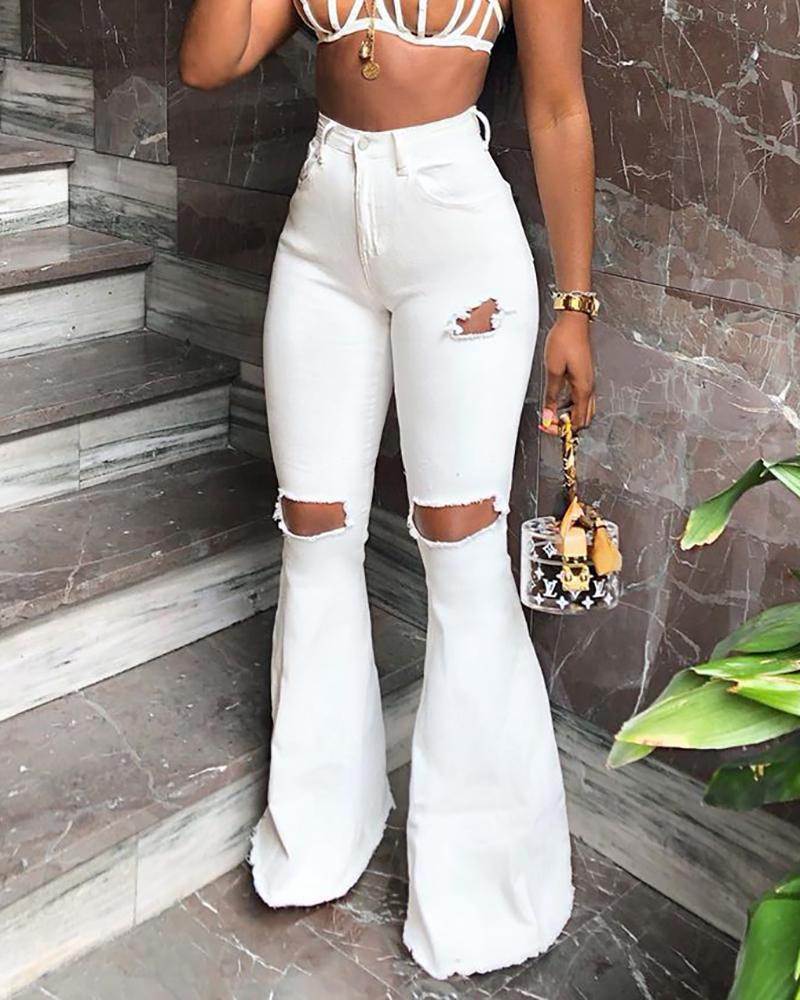 

High Waist Cutout Front Bootcut Jeans, White