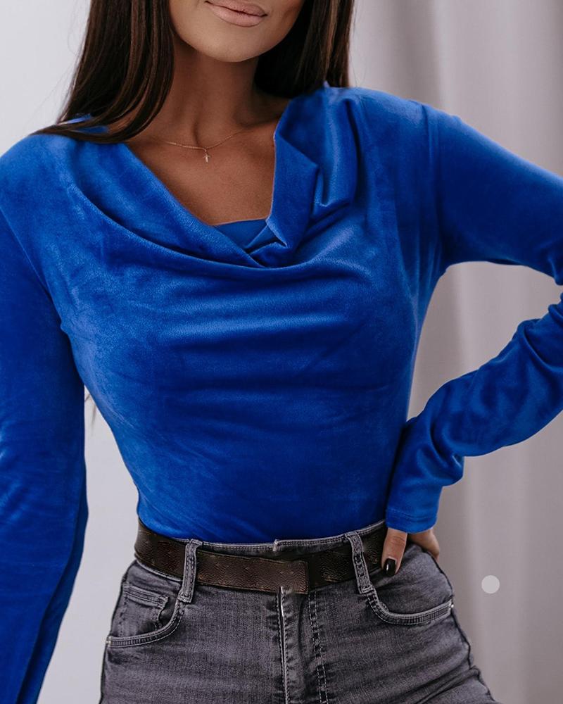 

Velvet Cowl Neck Long Sleeve Top, Blue