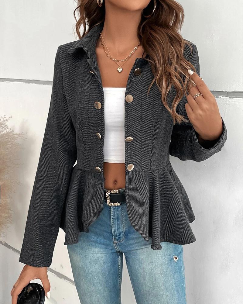 

Striped Button Front Ruffle Hem Slim Fit Blazer Coat, Black