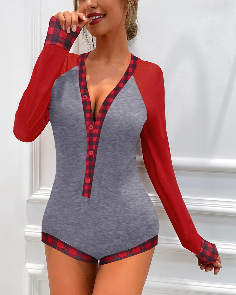 

Colorblock Button Design Long Sleeve Lounge Romper, Gray