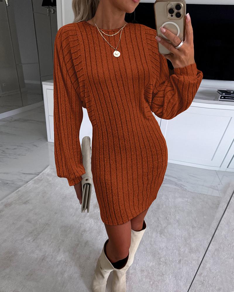 

Lantern Sleeve Ribbed Long Sleeve Dress, Orange