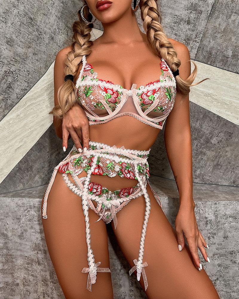 

3PCS Floral Embroidery Sheer Mesh Garter Lingerie Set, Multicolor