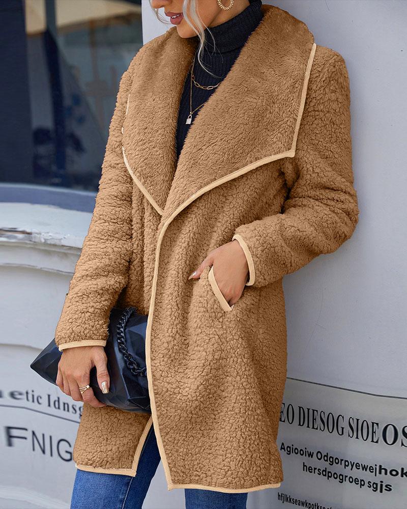 

Contrast Binding Waterfall Open Front Teddy Coat, Khaki