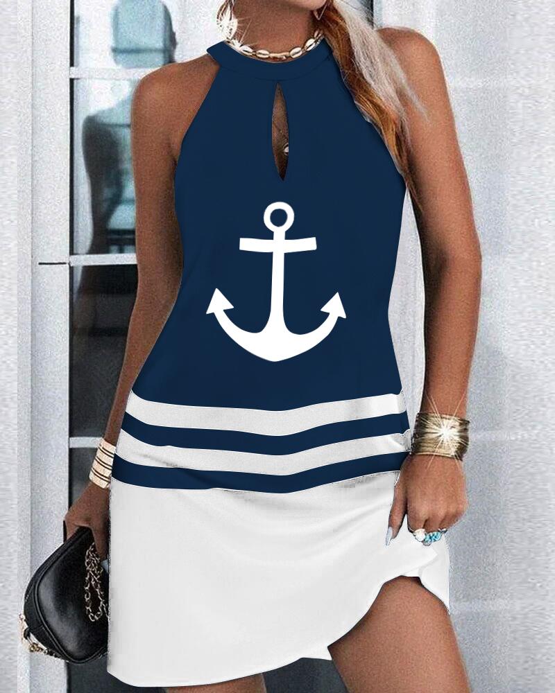 

Anchor Print Striped Keyhole Neck Casual Dress, Dark blue