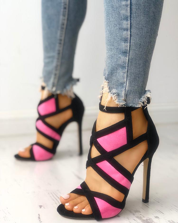 

Colorblock Cutout Buckled Suede Stiletto Heels, Hot pink