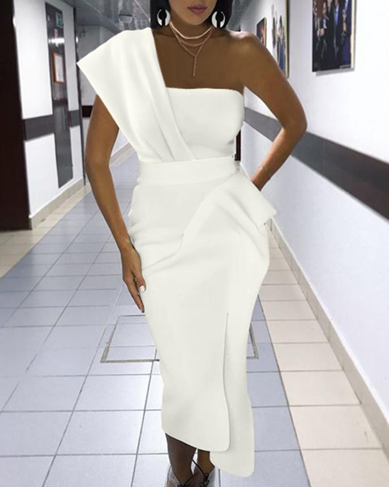

Solid One Shoulder Ruched Asymmetrical Party Dress, White