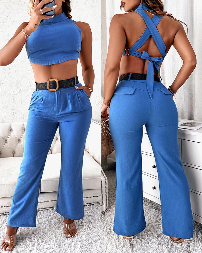 

Tank Top & Pocket Design Pants Set, Blue