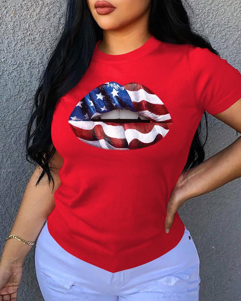 

Lip Print O Neck Short Sleeve T-Shirt, Red