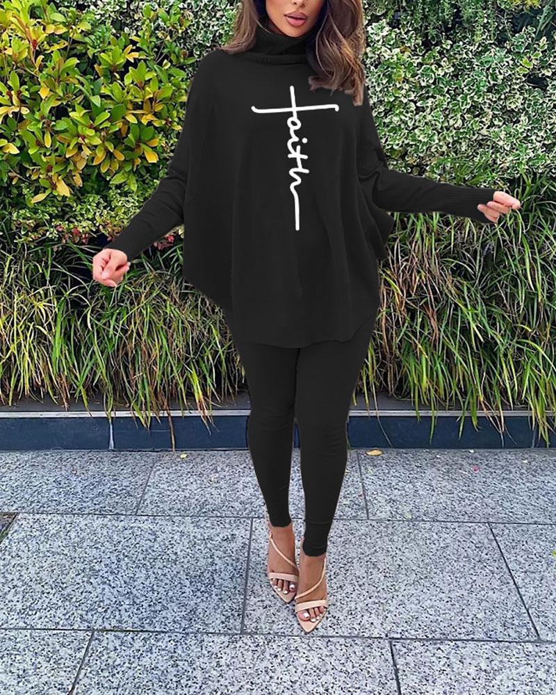 

Faith Print Batwing Sleeve Top & Pants Set, Black