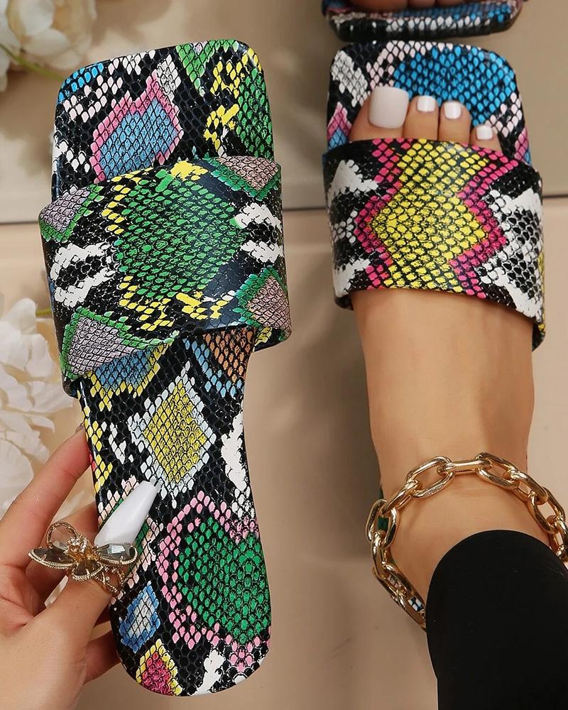 

Snakeskin Wide Strap Summer Beach Slippers, Multicolor