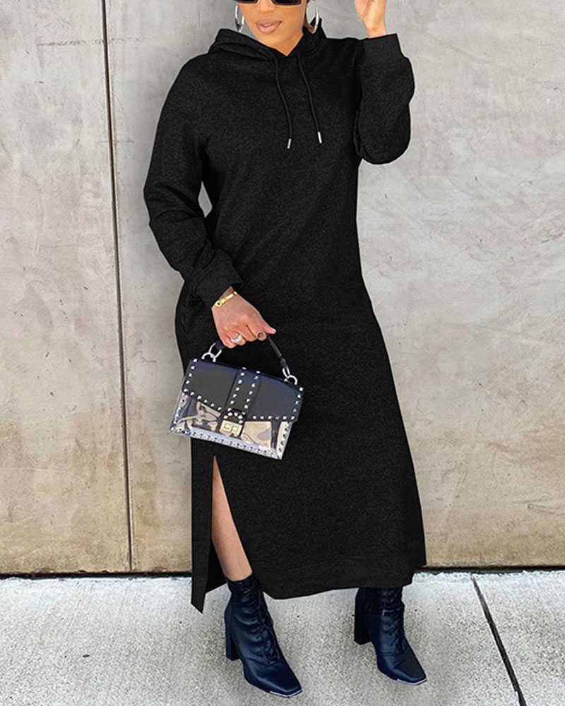 

Long Sleeve Split Hem Hooded Sweatshirt Dress, Black
