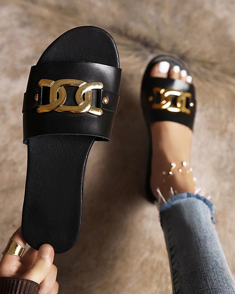 

Round-toe Solid Color Splicing Chain Flat Slippers, Black