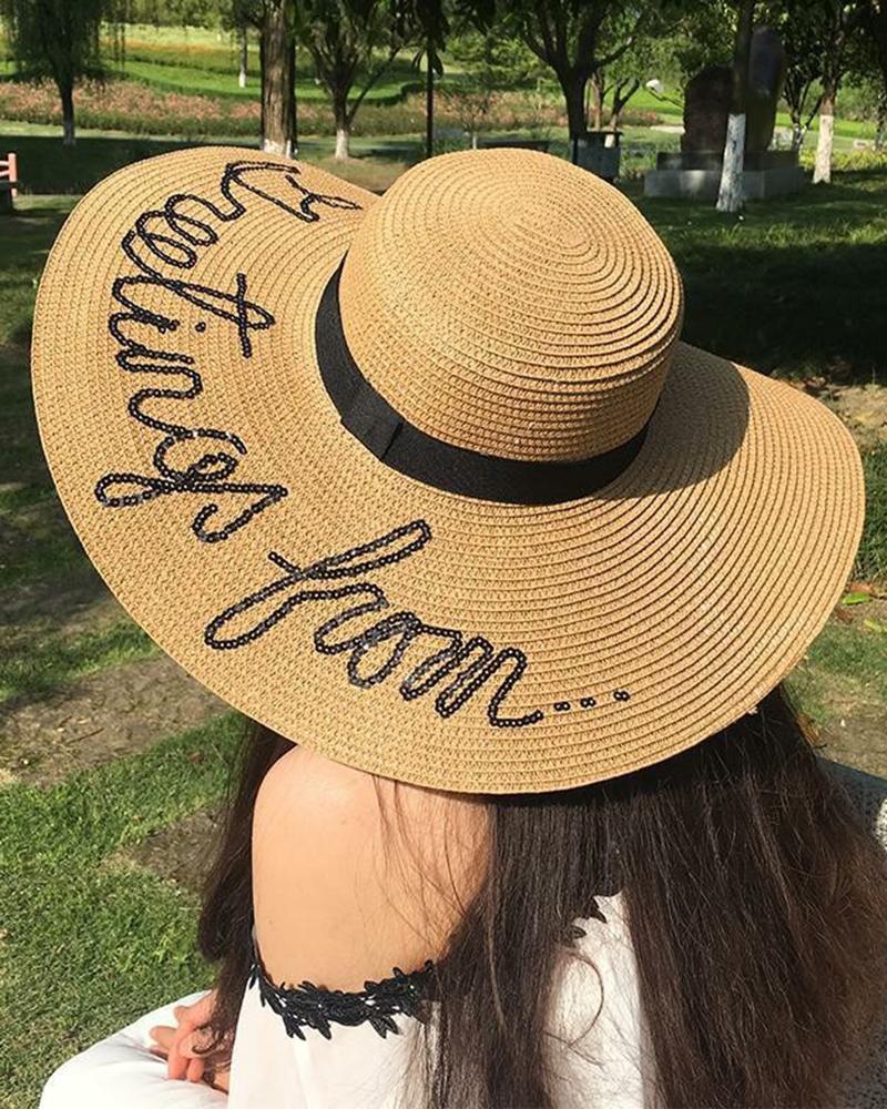 

Letter Pattern Wide Brim Sun Hat, Khaki