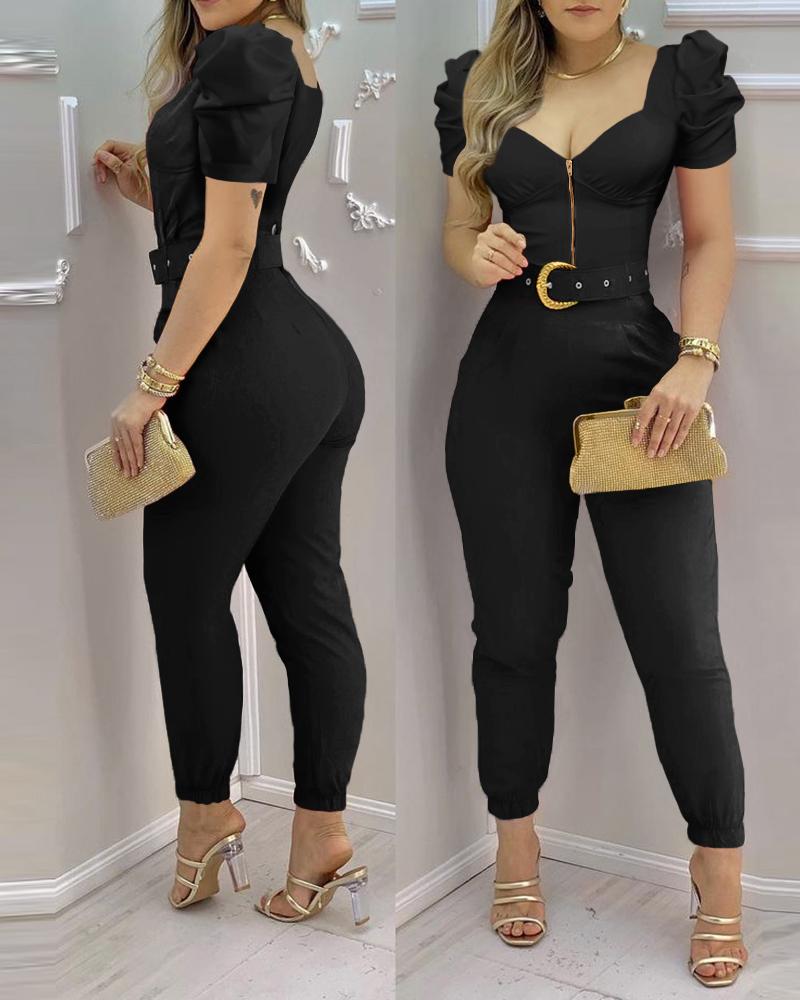 

Zip Front Puff Sleeve Jumpsuit With Belt, Black