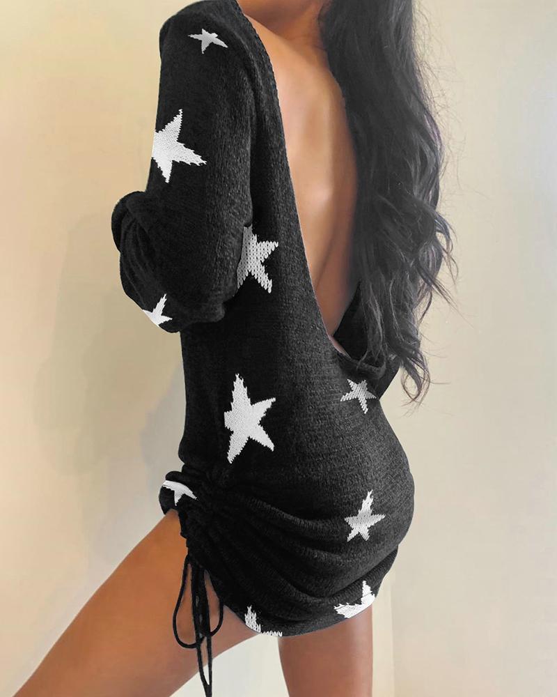 

Star Pattern Knit Drawstring Ruched Backless Dress, Black