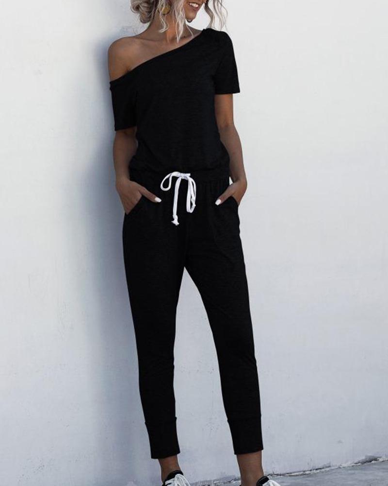 

One Shoulder Contrast Drawstring Jumpsuit, Black
