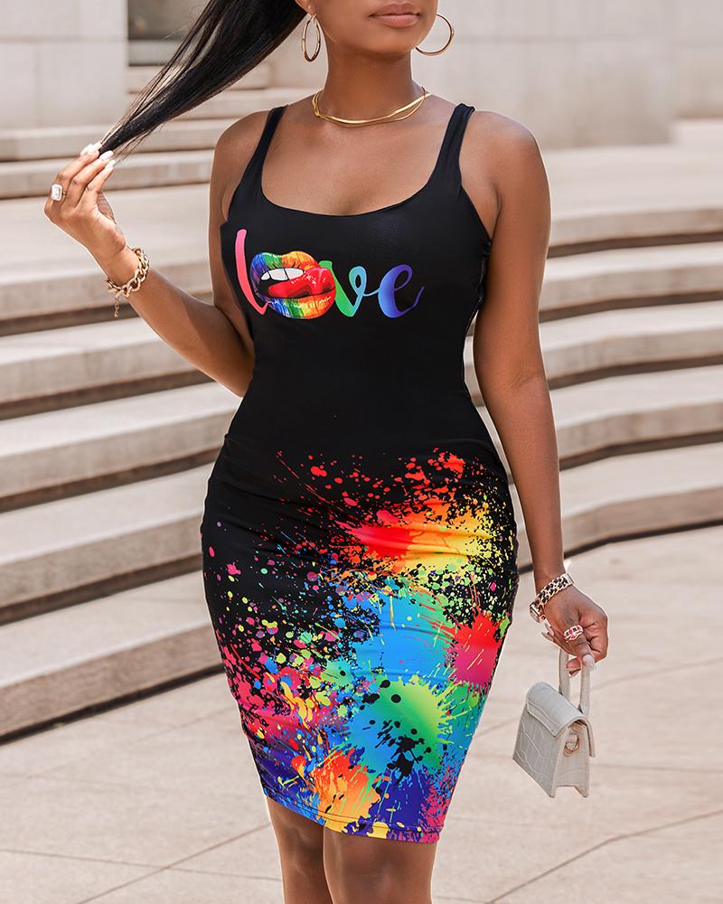 Love Lip Ink Splash Print Sleeveless Bodycon Dress