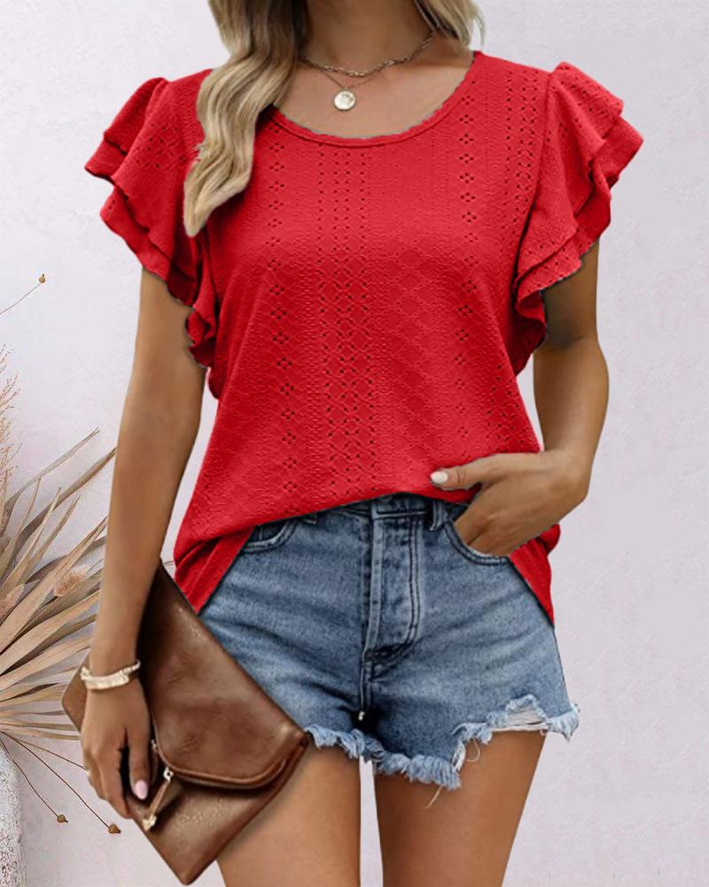 

Hollow Out Ruffle Hem Top, Red