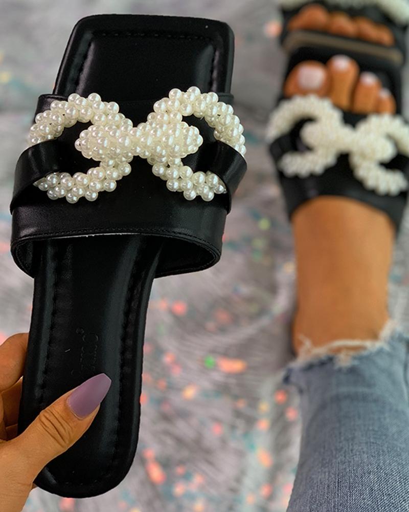 

Square Toe Beaded Slippers, Black