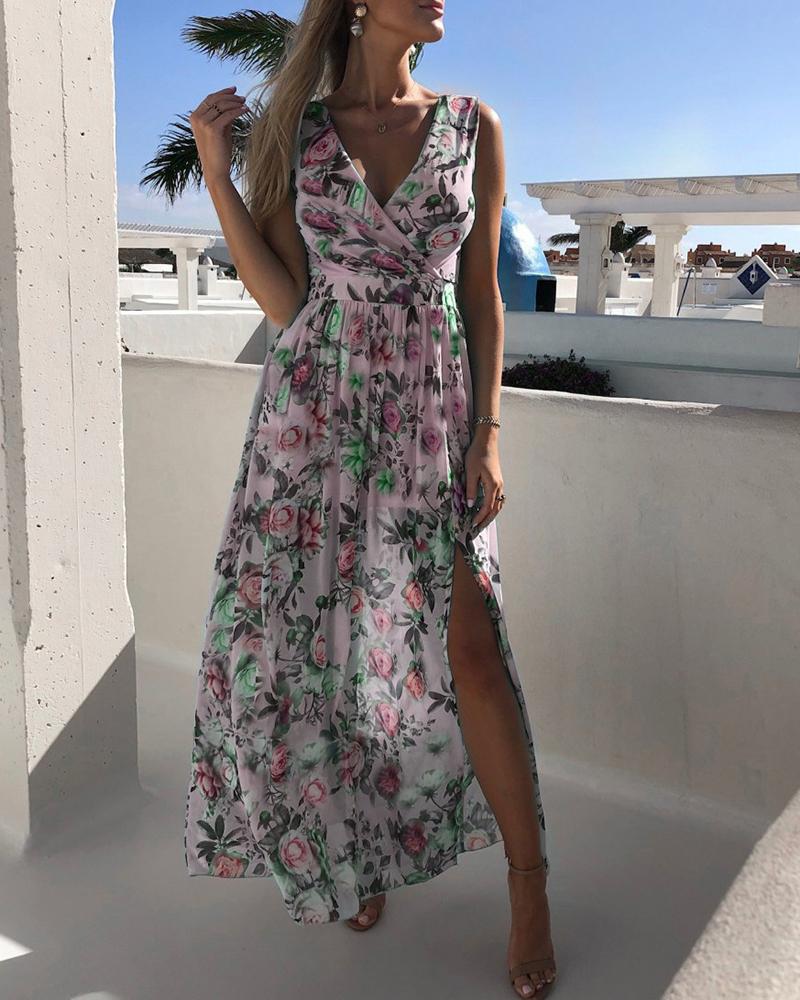

Floral Print V Neck High Slit Maxi Beach Dress, Purple