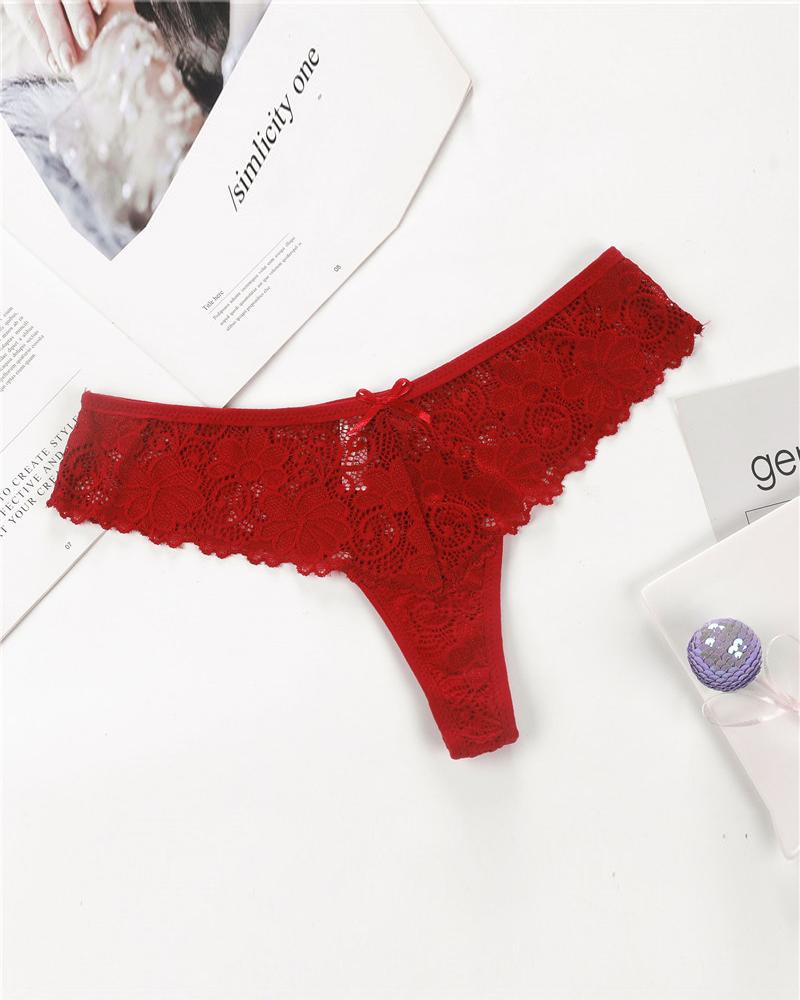 

Bowknot Decor Floral Lace Thong Panty, Red