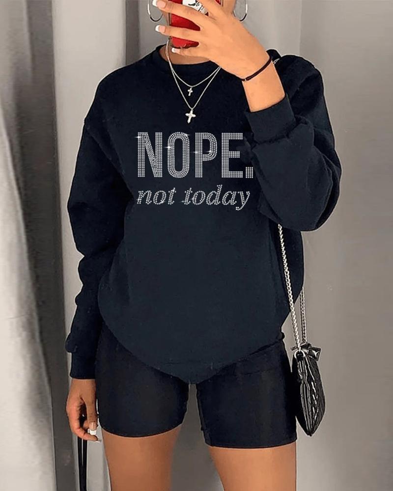 

Rhinestone Letter Pattern Long Sleeve Sweatshirt, Black