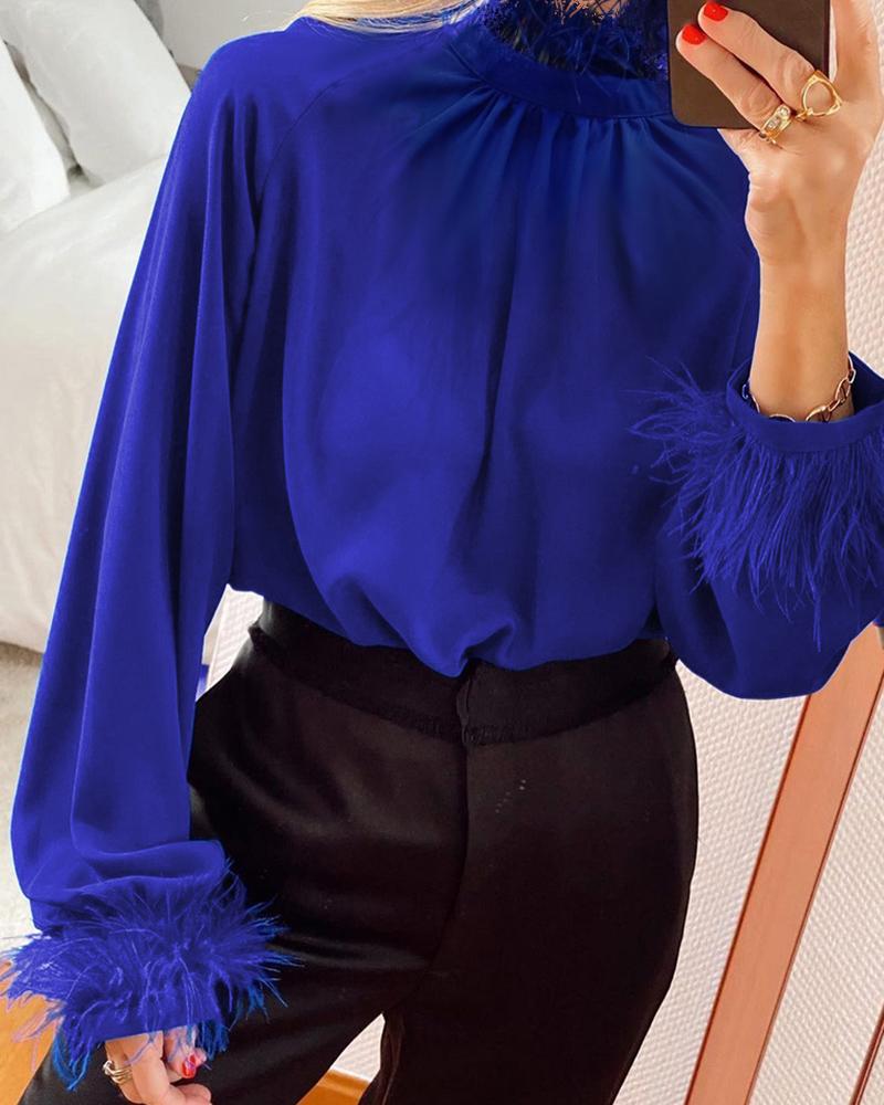 

Feather Detail Lantern Sleeve Top, Blue