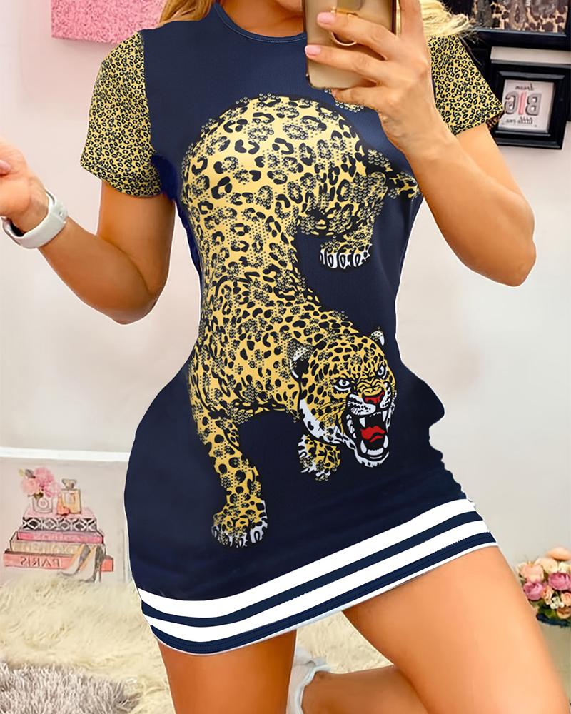 

Contrast Paneled Short Sleeve Leopard Print Dress, Purplish blue