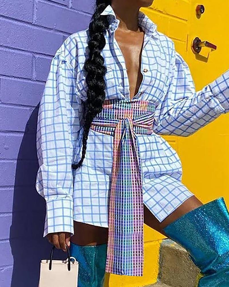 

Plaid Colorblock Buttoned Shirt Dress, White