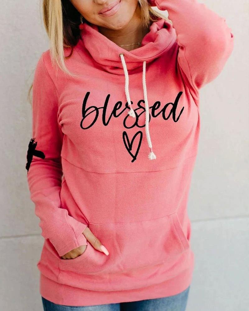 

Letter Heart Print Drawstring Hooded Long Sleeve Pocket Sweatshirt, Pink